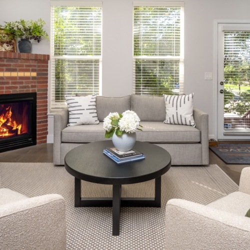 living room with a fireplace