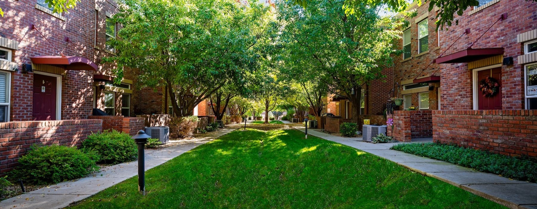 spacious green are in between buildings
