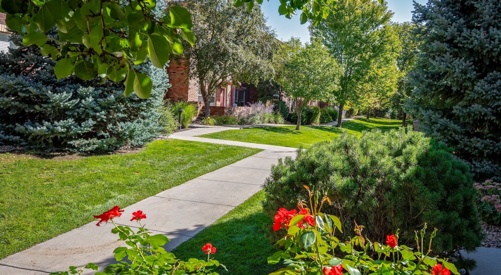 Lush landscaping surrounding entrances sidewalks and outdoor landscaping