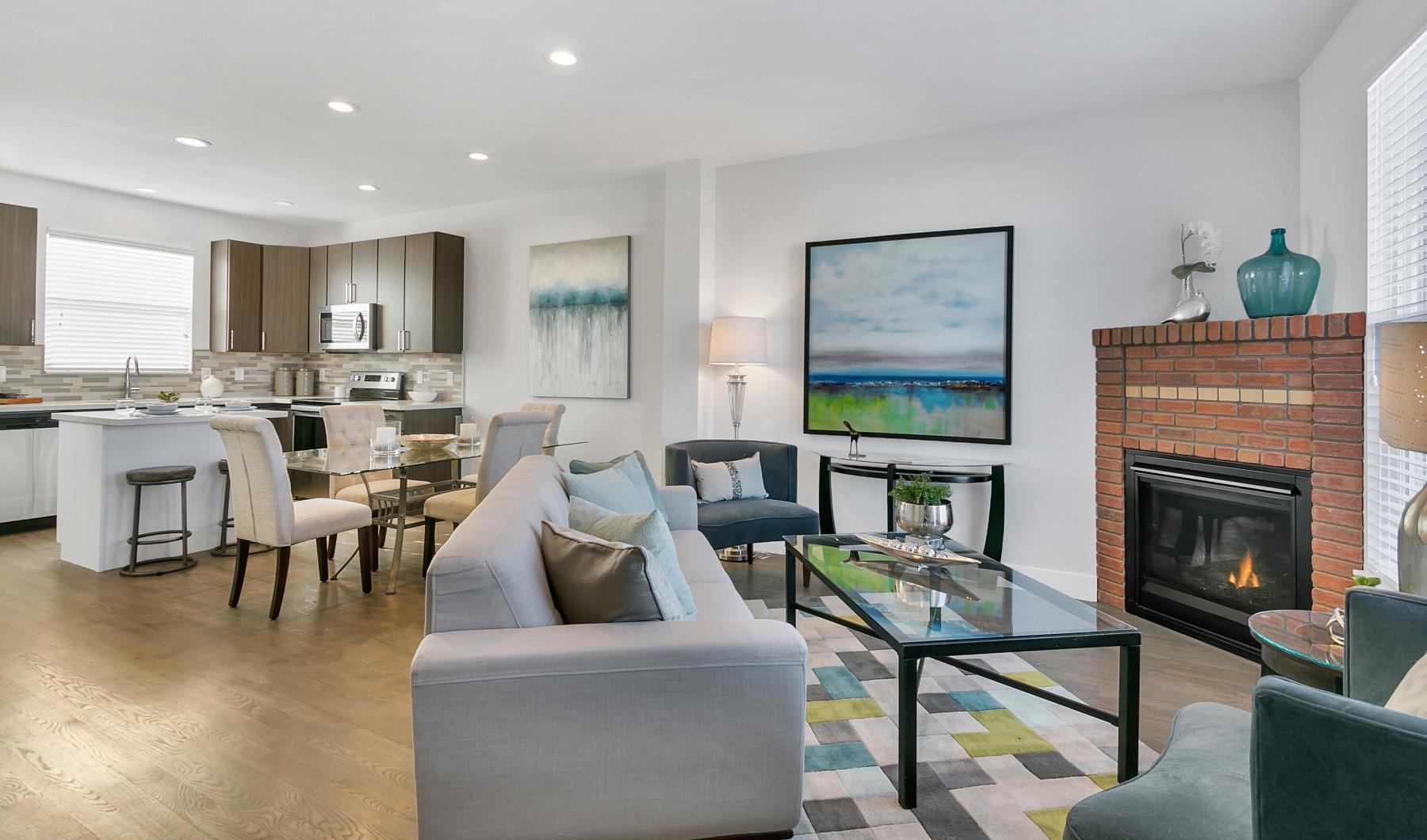 a living room with a fireplace